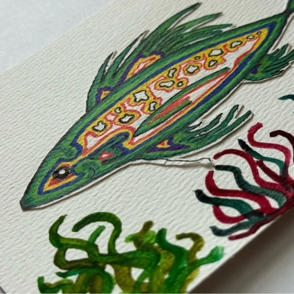 Tropic Tides Original Mixed Media Cutout Fish & Watercolor Reef by Kyla H 5x7” - Picture 2 of 7
